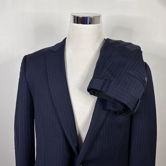 Michael Kors 44L Suit 36x30 Flat Front Navy Pinstriped Wool Two Button Vented
